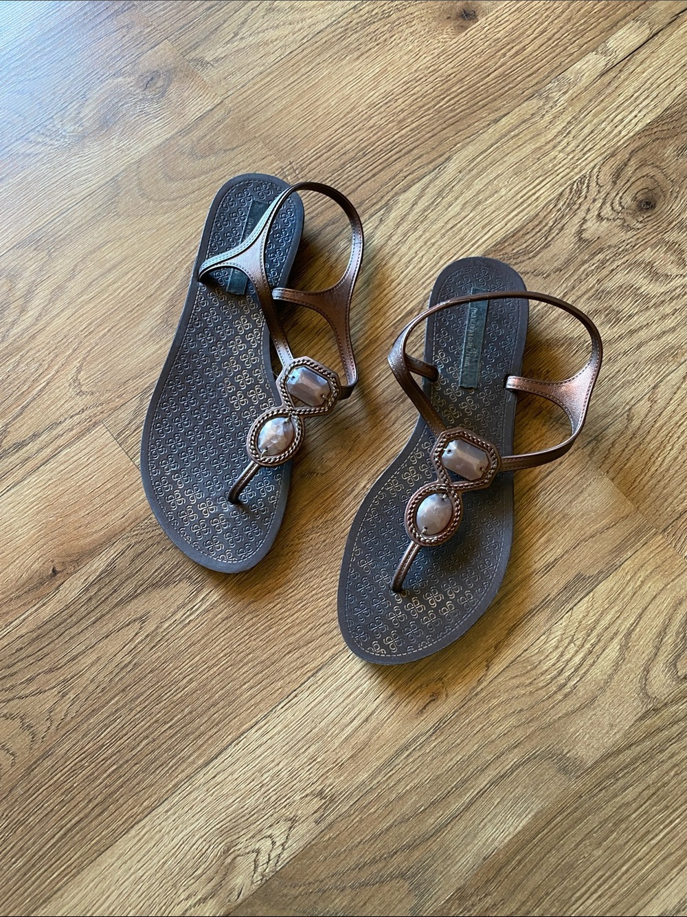 Women's Brown T-Strap Gemstone Sandals